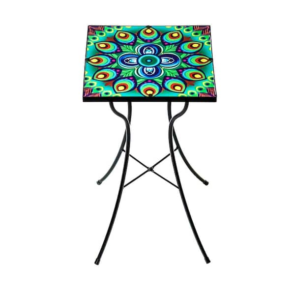 Trademark Innovations 19 in. Peacock Design Glass and Metal Outdoor Side Table