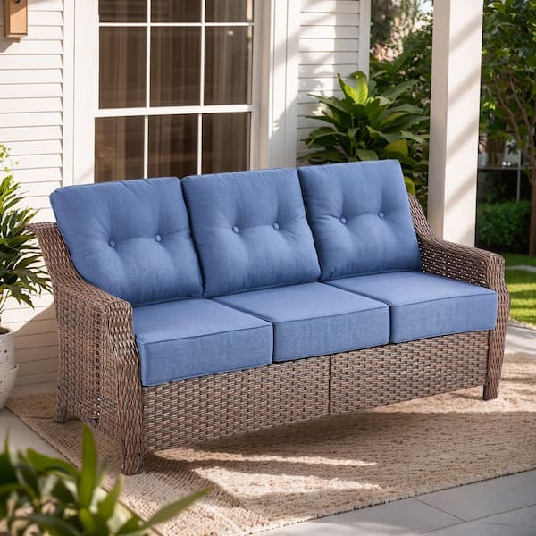Artisan Brown Wicker Outdoor 3-Seat Couch with High Curved Back and 6 in. Thick Navy Blue Cushions
