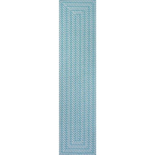 Chevron Aqua/Light Gray 2 ft. x 8 ft. Modern Concentric Square Indoor/Outdoor Area Rug