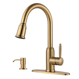 Elegant Stainless Steel Single-Handle Pull Down Sprayer Kitchen Faucet with Soap Dispenser in Gold