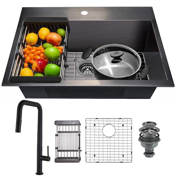 AKDY Gunmetal Matte Black Stainless Steel 25 in. x 22 in. Single Bowl Drop-In Kitchen Sink with Pull-Down Faucet