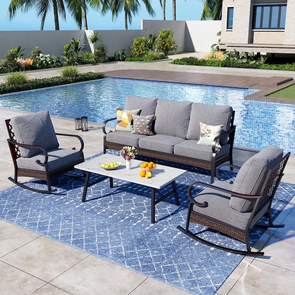 PHI VILLA 4-Piece Black Metal Outdoor Patio Conversation Set with Rocking Chairs, Marbling Coffee Table and Gray Cushions