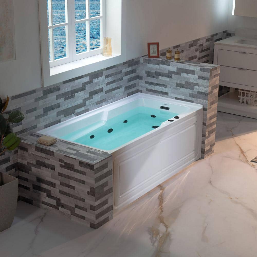 60" White Acrylic Alcove Bathtub with Matte Black Jets