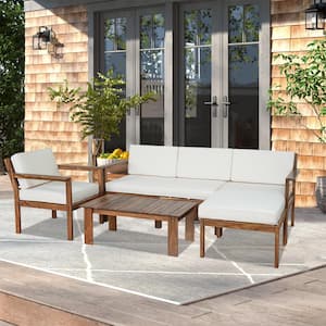 Natural 4-Piece Wood Outdoor Sectional Set with Wooden Table Beige Cushions