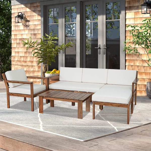 Cesicia Natural 4-Piece Wood Outdoor Sectional Set with Wooden Table Beige Cushions