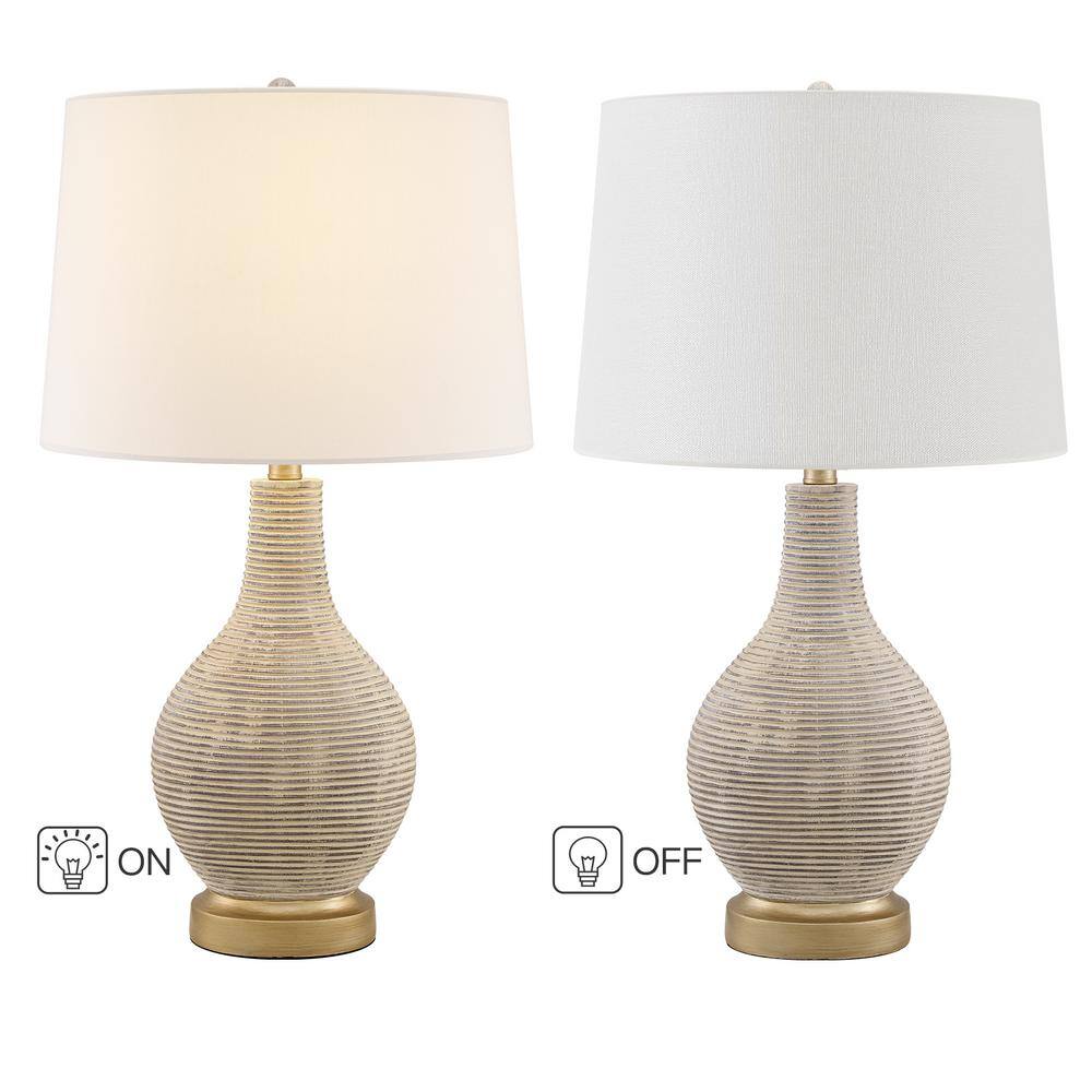 Elegant Beige and Gold 24.5" Farmhouse Table Lamp Set with White Linen Shades