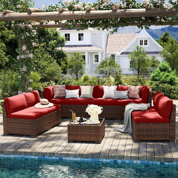ELPOSUN 9-Piece Wicker Patio Conversation Set with Burgundy Cushions