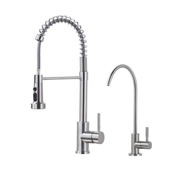 Single Handle Pull-Down Sprayer Kitchen Faucet, Kitchen Faucet with Direct Drinking Water Faucet in Brushed Nickel