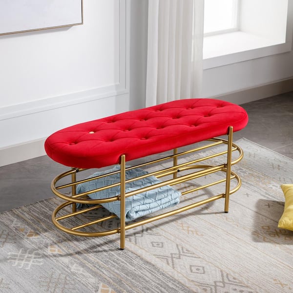 Red Velvet Upholstered Bedroom Bench with 2 tier Shoe Shelf Space