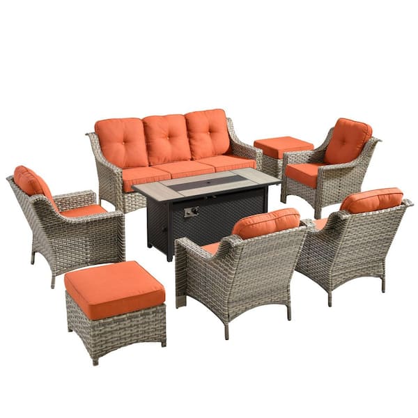 Eureka 8-Piece Wicker Outdoor Fire Pit Patio Conversation Sofa Chairs Set with Ottomans and Red Cushions