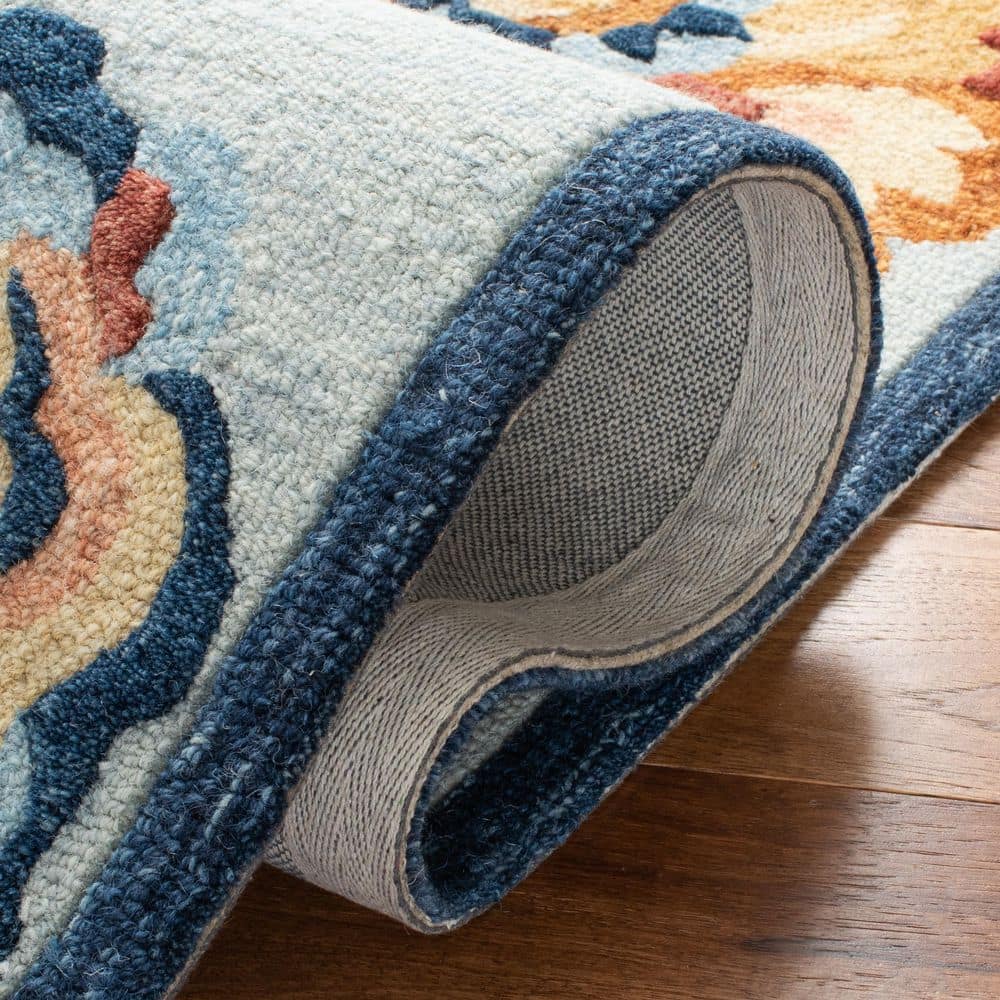 Handmade Blue Floral Wool Tufted Area Rug, 5' x 8'