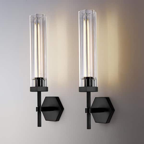 PUYRNF 18.5 in. 1-Light Black Glass Wall Sconce With Hexagonal Shade For Living Room, Bedroom, Fireplace, Staircase (2PCS)