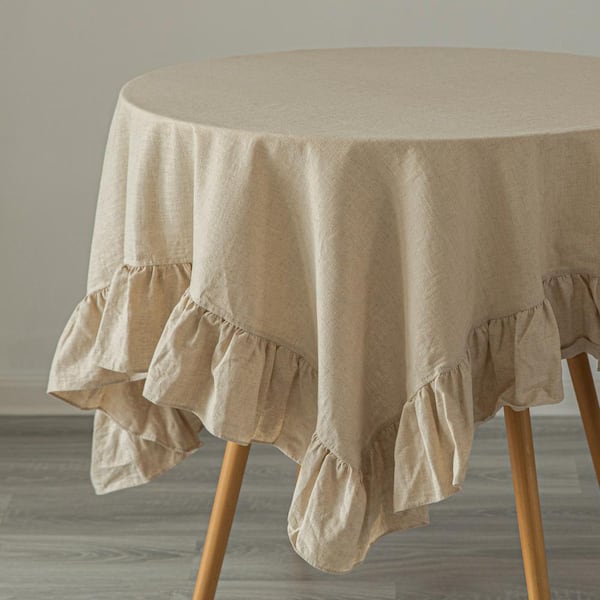 DEERLUX 70 in. x 70 in. Square Natural 100% Pure Linen Washable Tablecloth with Ruffle Trim