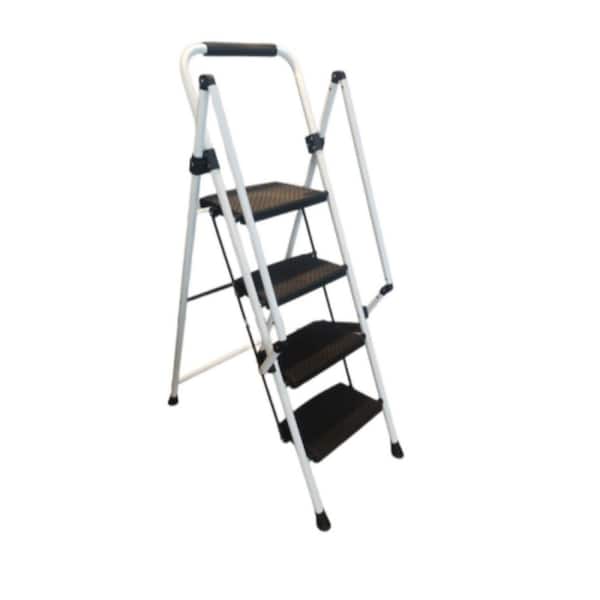 White 4-Step Ladder Lightweight Folding 4-Step Stool with Wide Non-Slip Steps and Safety Handles Sturdy Steel Ladder