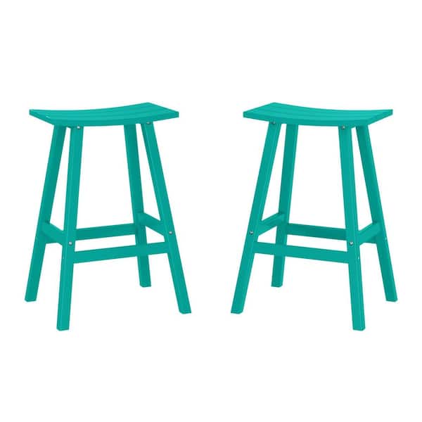 Franklin Turquoise 24 in. Poly HDPE Fade Resistant Outdoor Patio Saddle Seat Counter Height Bar Stool (Set of 2)