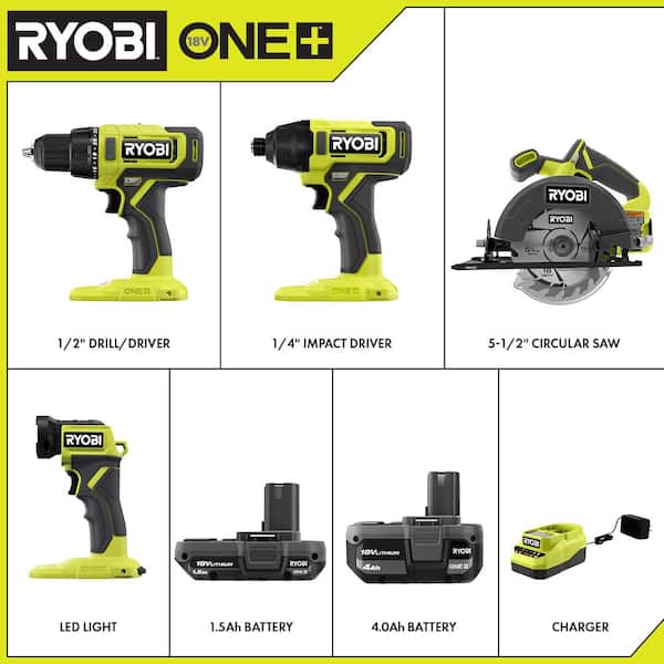 ONE+ 18V Cordless 4-Tool Combo Kit with 1.5 Ah Battery, 4.0 Ah Battery, Charger, and Diamond Grit Driving Set (12-Piece)