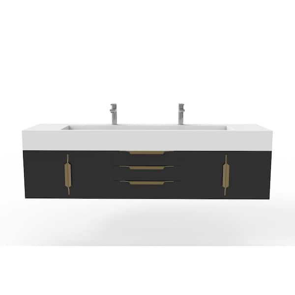 castellousa Nile 72 in. W x 19 in. D x 20 in. H Single Bath Vanity in Matte Black with Gold Trim and White Solid Surface Top