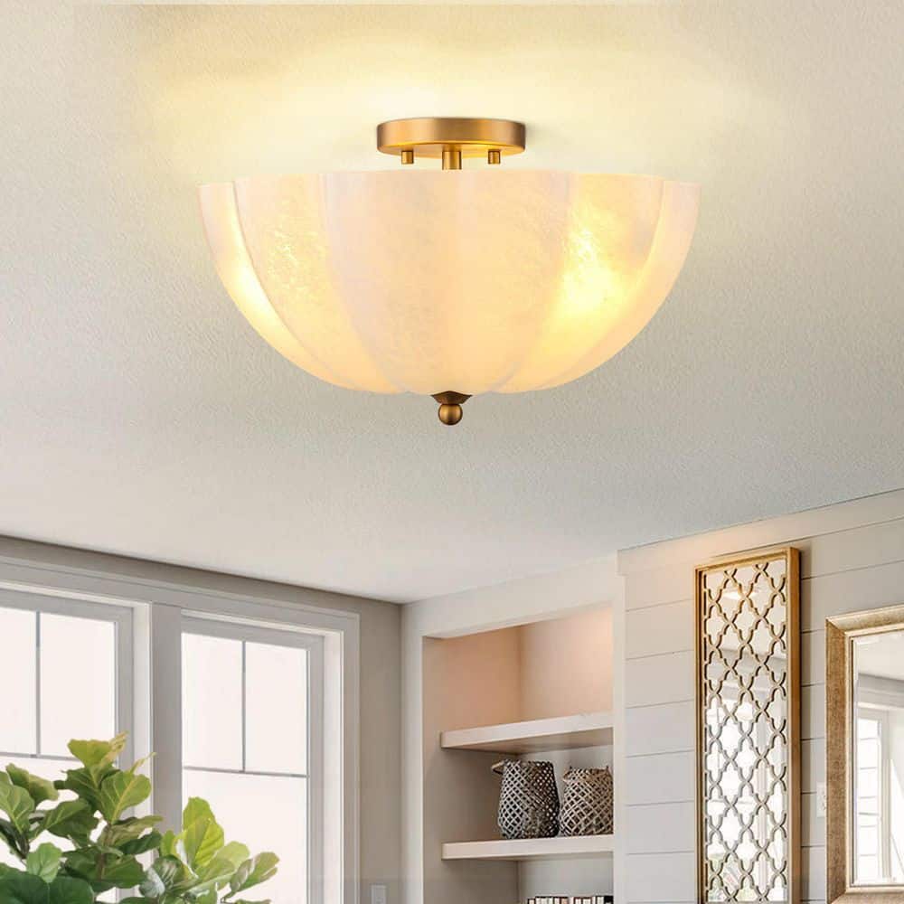 Dvorakova 15.94 in. 3-Light Brass and White Bowl Semi-Flush Mount Ceiling Light with Glass Shade price history on PriceWatchPro