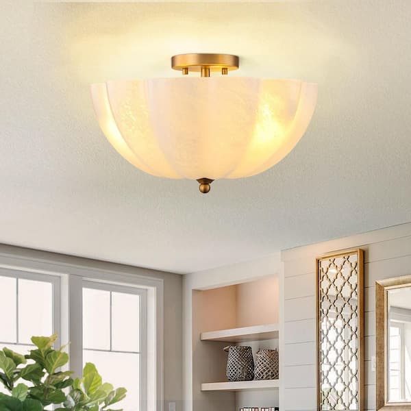 Dvorakova 15.94 in. 3-Light Brass and White Bowl Semi-Flush Mount Ceiling Light with Glass Shade