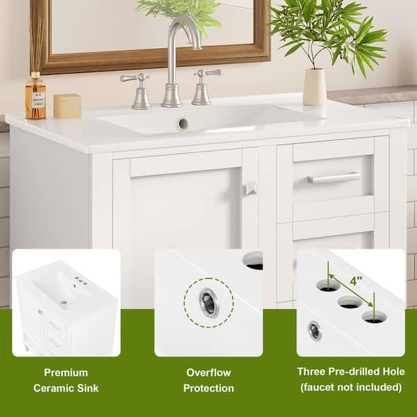 30 in. White Bathroom Vanity with White Ceramic Sink Top with Soft-Closing Door and Drawers