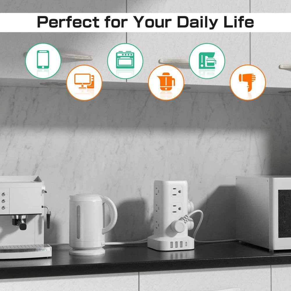 White 16-in-1 Tower Power Strip with USB-C and 6.5 ft Cord