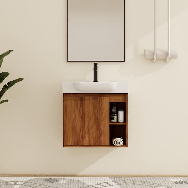 23.6 in. W x 13 in. D x 22.8 in. H Wall-Mounted Bath Vanity in Brown Ebony with White Ceramic Vanity Top