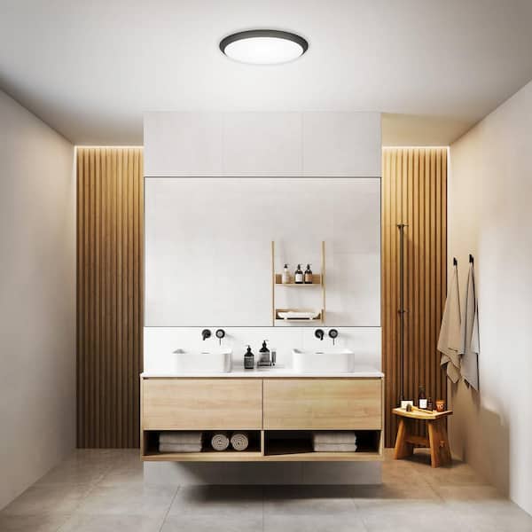 15 in. Matte Black Motion Sensor Integrated LED Dimmable Selectable CCT Flush Mount Indoor Ceiling Light