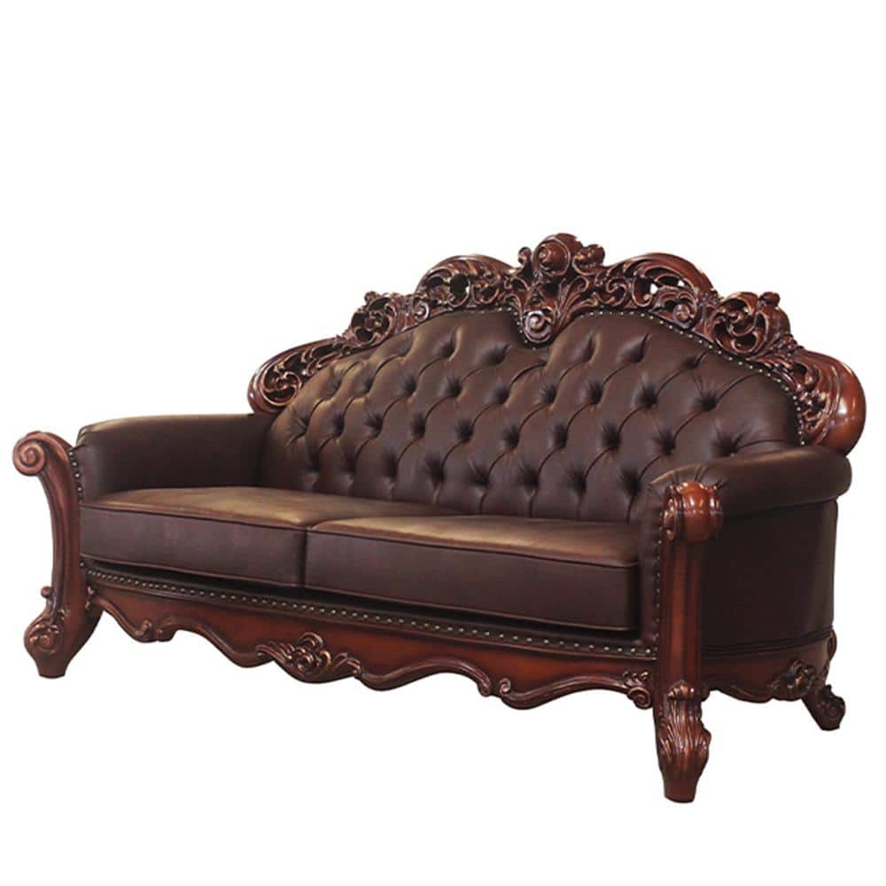 Vendome Cherry Tufted Leather Loveseat with Pillows