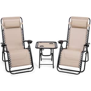 Beige 3-Pieces Folding Steel Zero Gravity Outdoor Reclining Lounge Chairs Pillows Table Portable