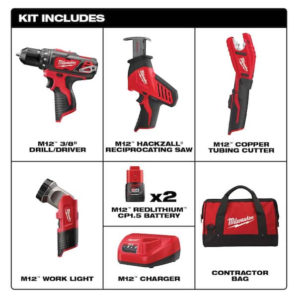 Milwaukee - M12 12V Lithium-Ion Cordless Combo Tool Kit (4-Tool) with (2) 1.5 Ah Batteries, (1) Charger, (1) Tool Bag