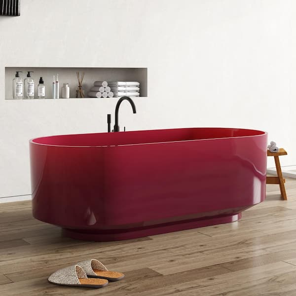 MEDUNJESS 67 in. x 29.5 in. Stone Resin Solid Surface Flatbottom Freestanding Luxury Soaking Bathtub in Clear Cherry Red