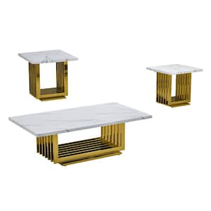 Magda 55 in. White Rectangle Marble Top Coffee Table Set With Gold Stainless Steel Base 3 Pieces