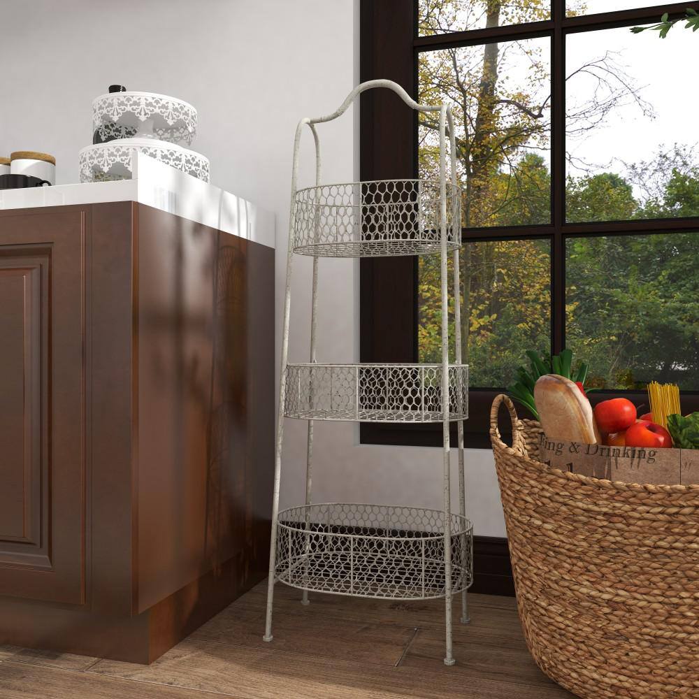 Off-White Metal 3-Tier Elliptical Basket Shelving Unit