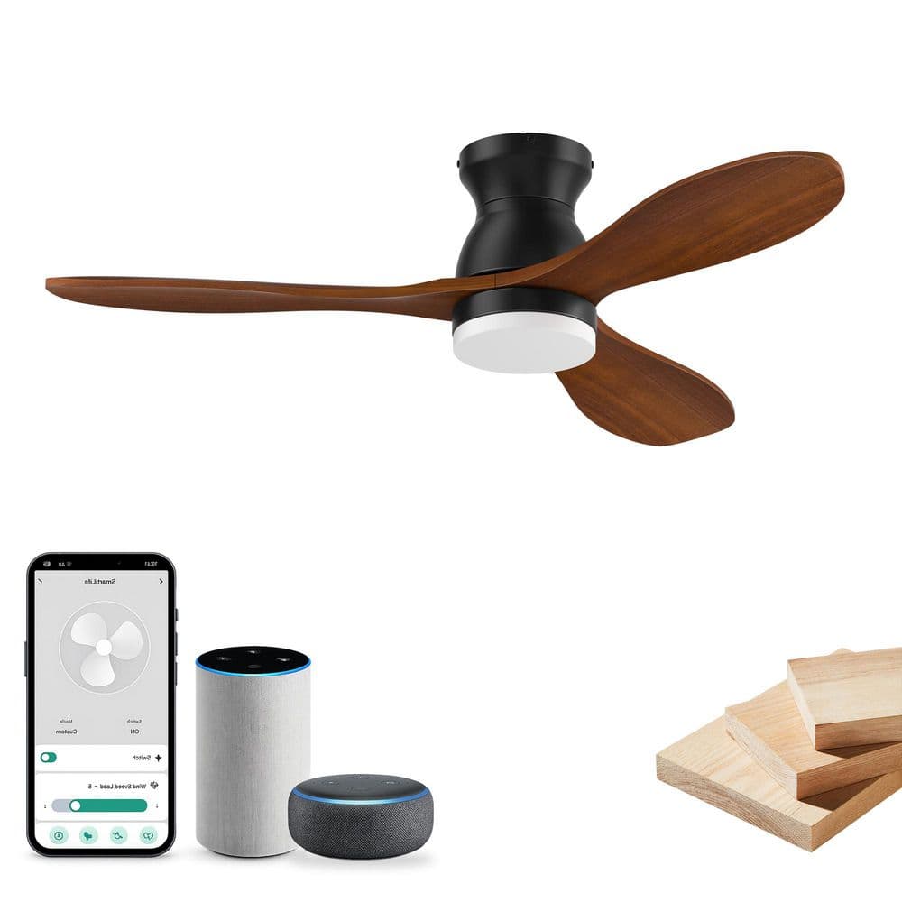 42 in. Standard Matte Black Flush Mount Indoor/Outdoor Ceiling Fan,Solid Wood Blades,Dimmable,Voice via Alexa/APP/Remote