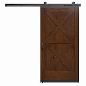36 in. x 80 in. Karona Crossbuck Chocolate Stained Rustic White Oak Wood Sliding Barn Door with Hardware Kit