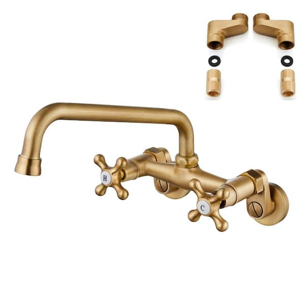 Double Handle Wall Mount Standard Kitchen Faucet in Antique Bras