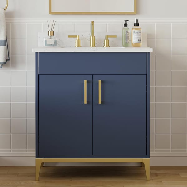 DELUXE DL LIVING Barrie 31 in. Single Sink Freestanding Blue Bath Vanity with White Engineered Stone Top and Backsplash Assembled