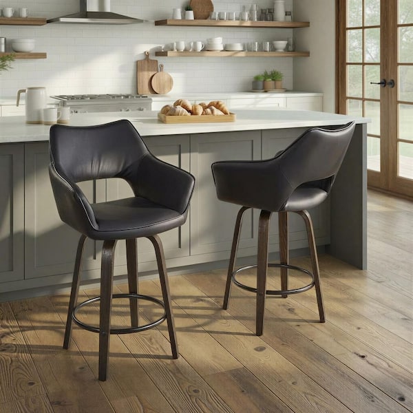 Mustang 26.5 in. Black Faux Leather, Walnut Glazed Wood and Black Metal Fixed-Height Counter Stool (Set of 2)