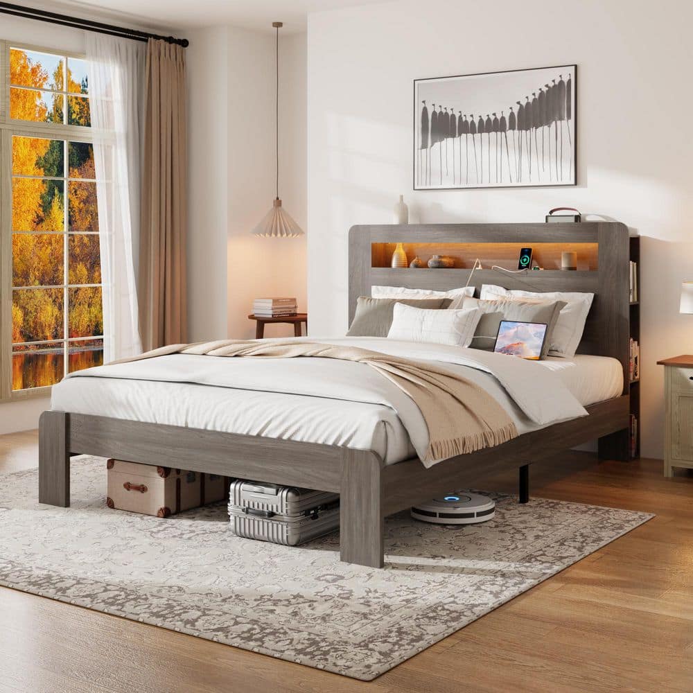 Dawn Grey Frame Queen Size Platform Bed Queen Bed Frame with LED Light Headboard and 2 USB - No Box Spring Required price history on PriceWatchPro