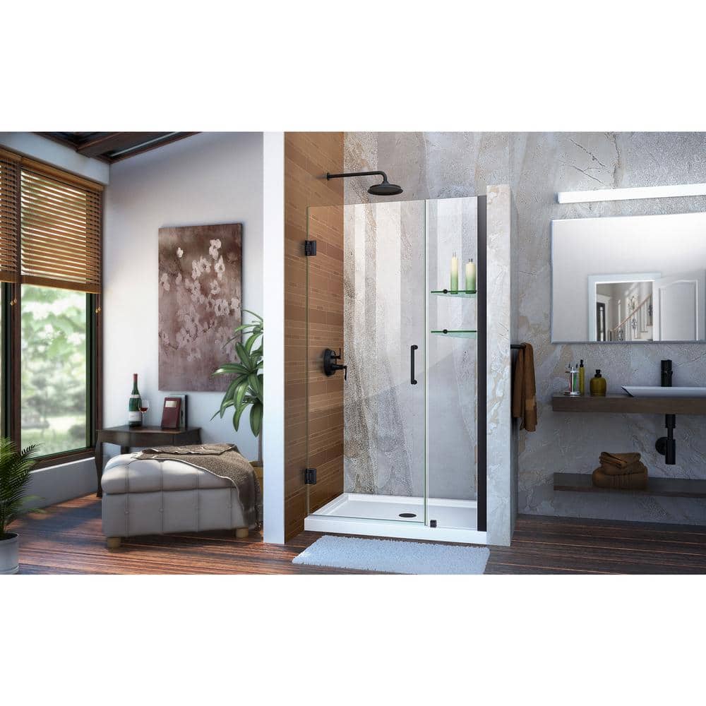 Unidoor 42" Satin Black Frameless Hinged Shower Door with Clear Glass