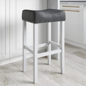 Hylie 29 in. Dark Gray Faux Leather Nailhead Saddle Cushion White Wood Pub-Height Counter Bar Stool