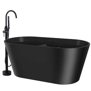60 in. Fiberglass Freestanding Flat Bottom Non-Whirlpool Bathtub in Matte Black with Tub Filler Combo