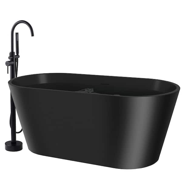 AKDY 60 in. Fiberglass Freestanding Flat Bottom Non-Whirlpool Bathtub in Matte Black with Tub Filler Combo
