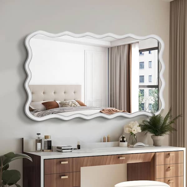 Wave White Solid Wood Framed Mirror 28 in. W x 40 in. H Modern Bathroom Bedroom Living Room Wall