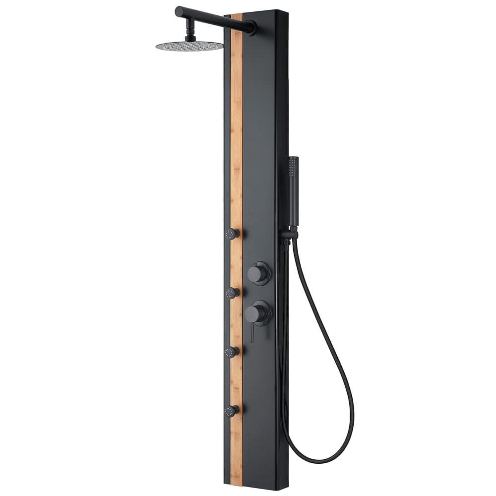 AKDY 57 In. 4-Jet Multifunction Shower System With Adjustable Rainfall Shower Head And Handheld Shower Head, Matte Black/Bamboo