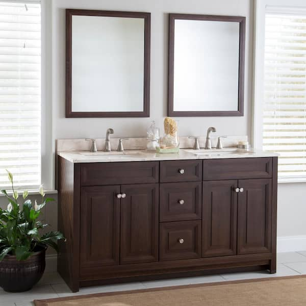 Home Decorators Collection Brinkhill 61 in. W x 22 in. D Bathroom Vanity in Cognac with Stone Effects Vanity Top in Dune with White Sink