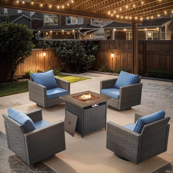 Opohoro U-Weave 5-Piece Brown Wicker Outdoor Square Fire Pit Conversation Set with Navy Blue Cushions and Swivel Rocking Chairs