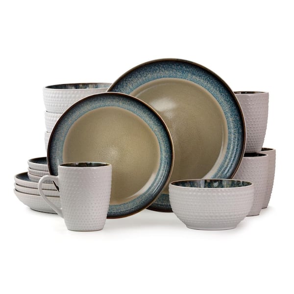 Elama Modern Dot 16-Piece Contemporary Taupe and Blue Stoneware Dinnerware Set (Service for 4)