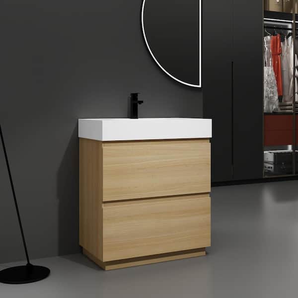 30 in. Single Sink Freestanding Oak Bath Vanity with White Resin Top, Bevel Handle, Drawer Slide Rail