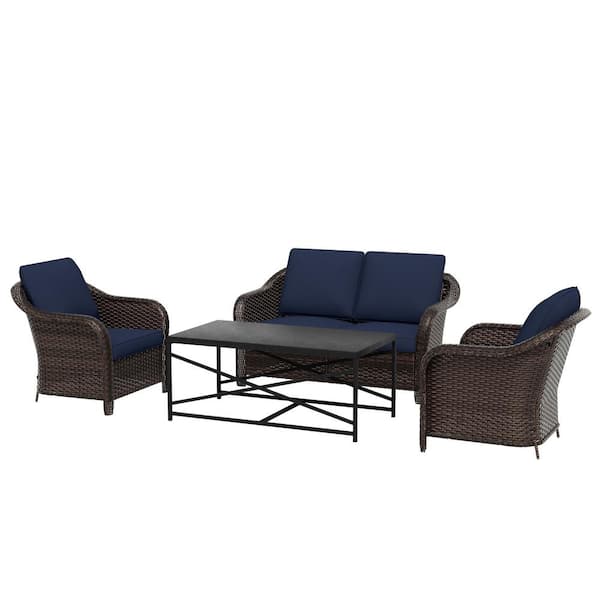 4-Piece Wicker Outdoor Patio Conversation Sofa Furniture Set with Blue Cushions